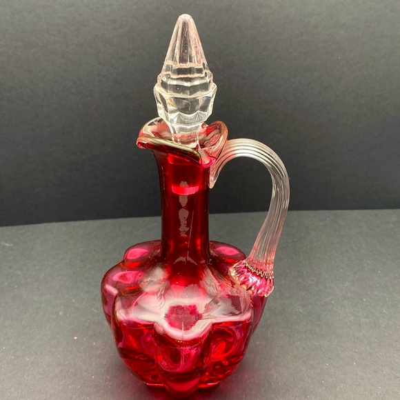 Inverted Coin Dot Cruet With Overlay Clear Ribbed Handle & Stopper - Picture 5 of 11